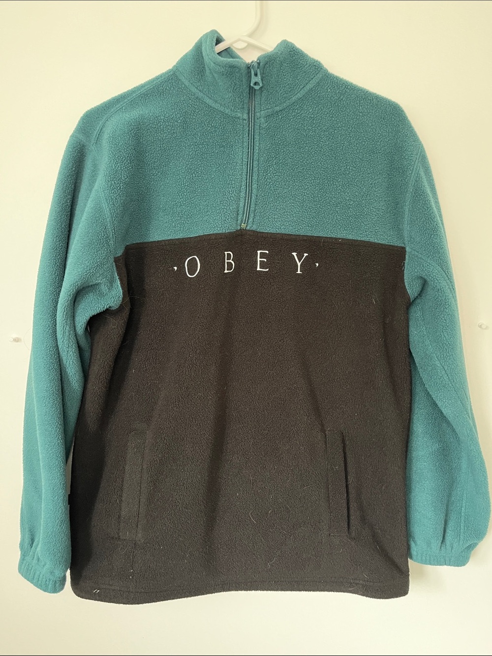 Obey Teal and Black Half-Zip Fleece Pullover